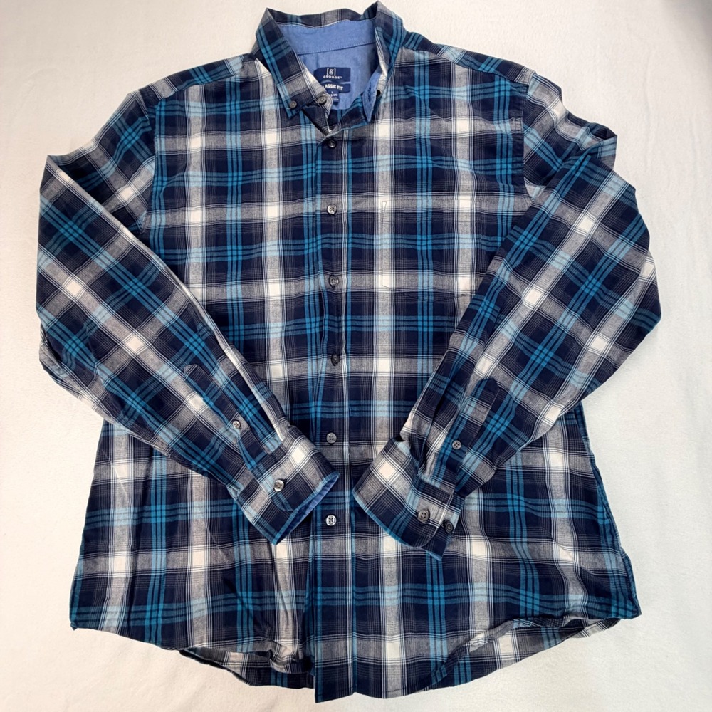 George Mens Button Down Shirt Large Blue Plaid Classic Fit Long Sleeve Pocket